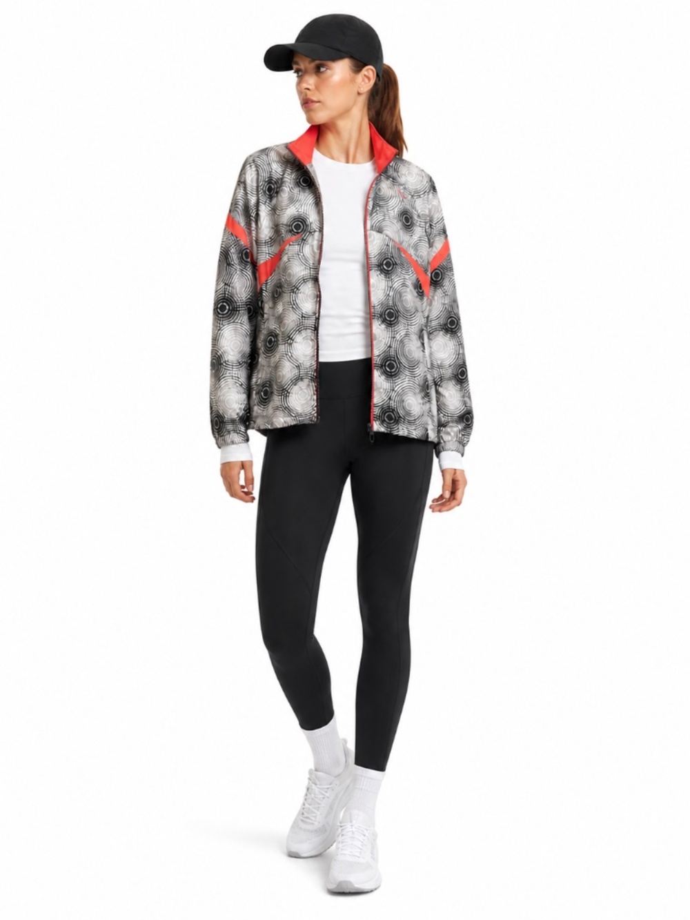 Saucony Black & White Print Running Jacket w Coral Accents – Size Small